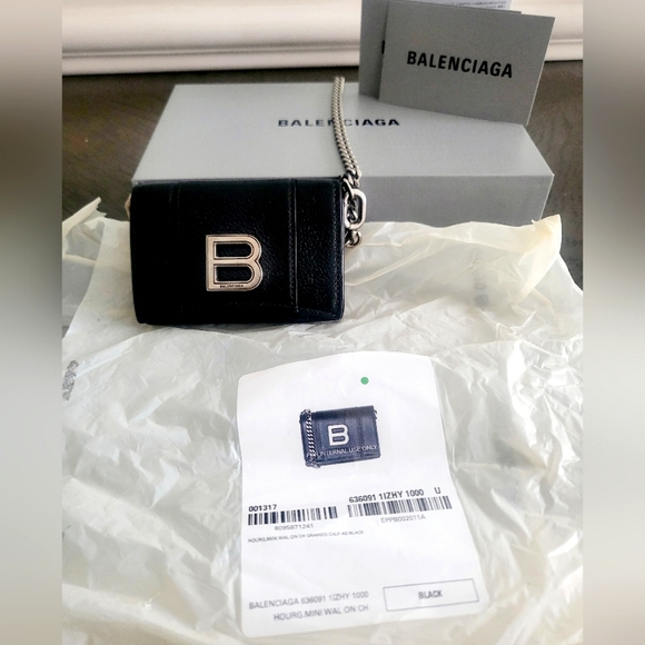 Balenciaga Hour Glass Mini 636091 Women's Leather Chain/Shoulder Wallet Black - Picture 1 of 9